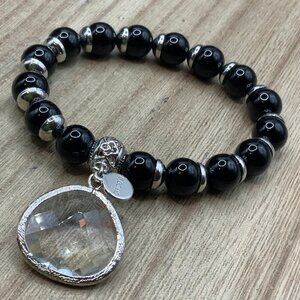Chico's Crystal Silver Tone Black Faceted Stretch Bracelet